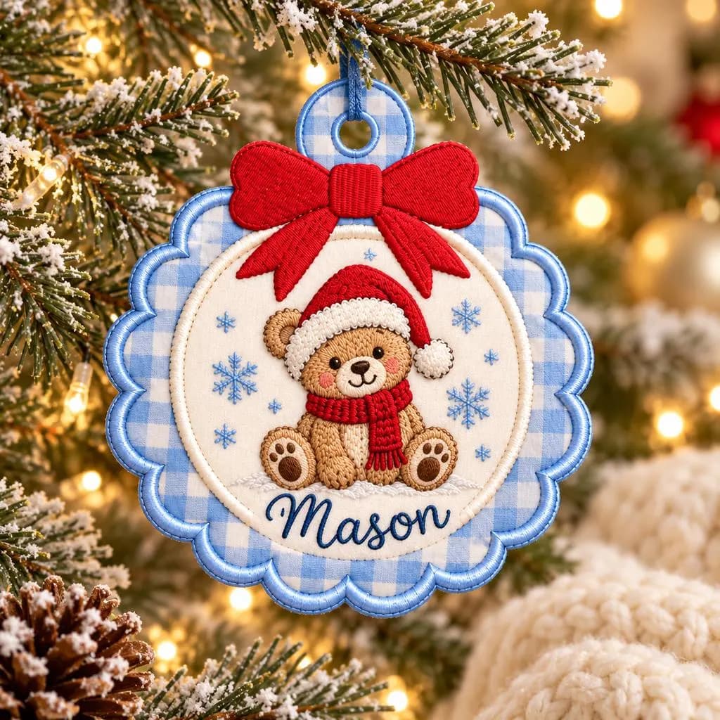 Personalized Teddy Bear Embroidered Christmas Ornament, Custom Name Gingham Fabric Ornament, Scalloped Christmas Tree Decor - image 4