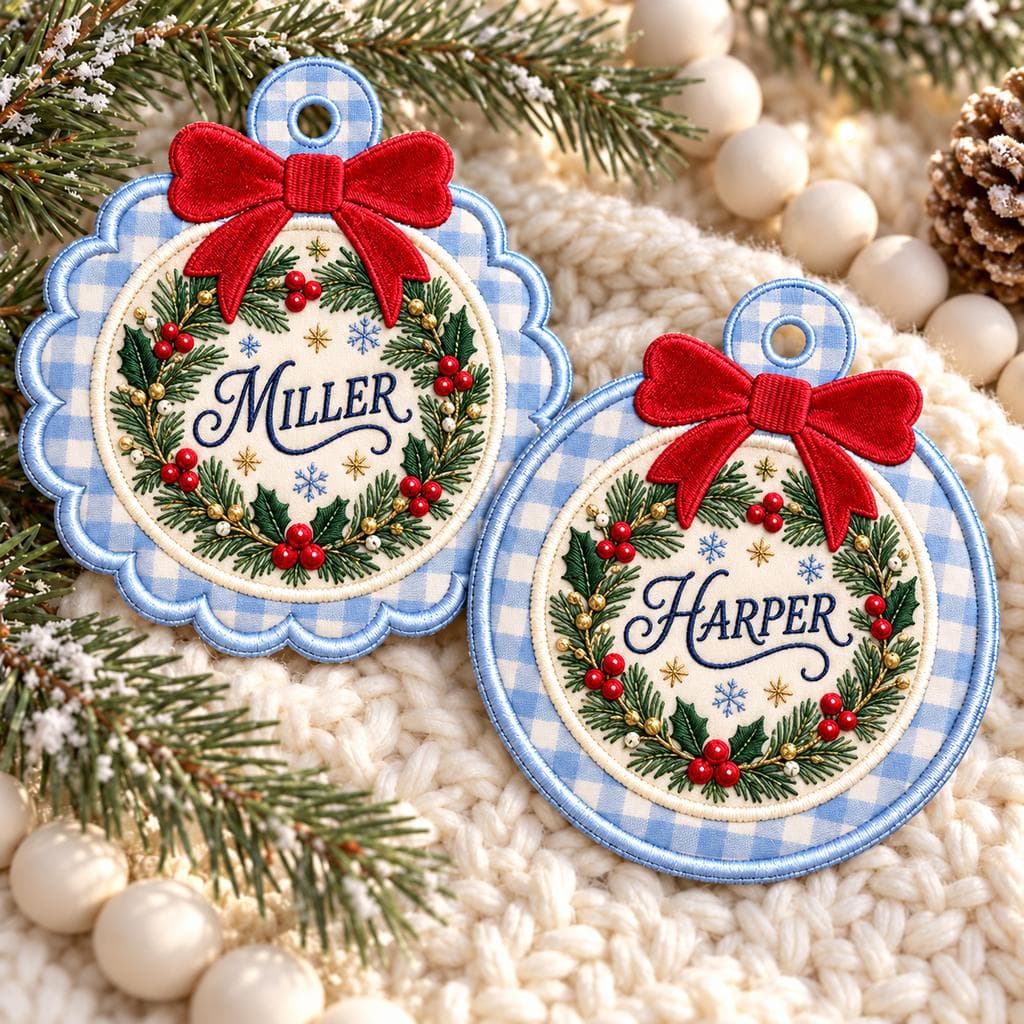 Personalized Christmas Wreath Embroidered Ornament, Custom Family Name Fabric Ornament, Blue Gingham Scalloped Christmas Tree Decor - image 3