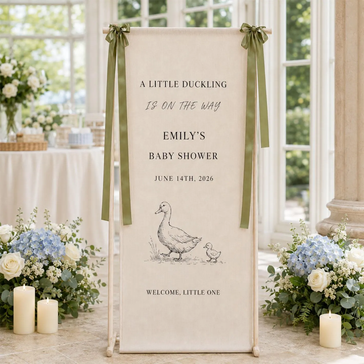 Little Duckling Baby Shower Banner, Personalized Baby Name Sign, Vintage Duck Fabric Welcome Decor, Sage Green Party Backdrop - image 3