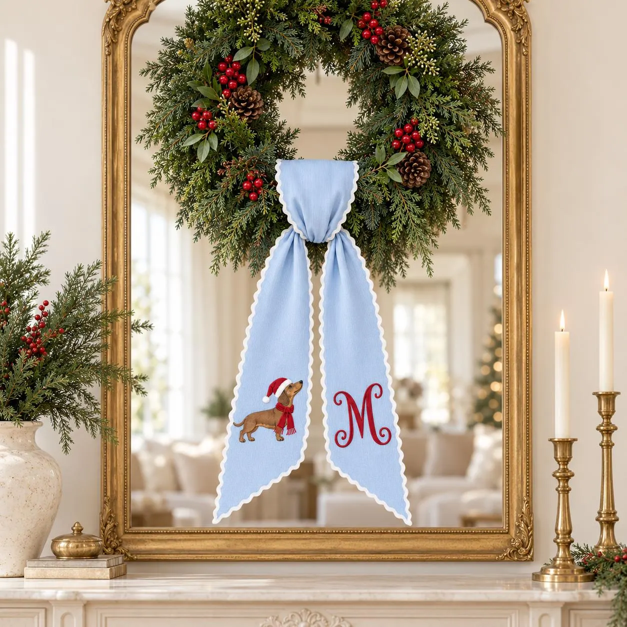 Dachshund Christmas Wreath Sash, Personalized Dog Monogram Bow, Embroidered Holiday Wreath Decor, Custom Initial Front Door Gift - image 4