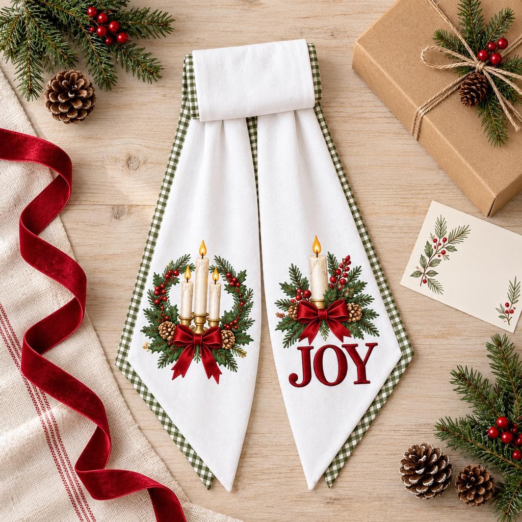 Christmas Joy Wreath Sash, Traditional Christmas Candle Bow, Green Gingham Holiday Door Decor, Farmhouse Christmas Wreath Ribbon