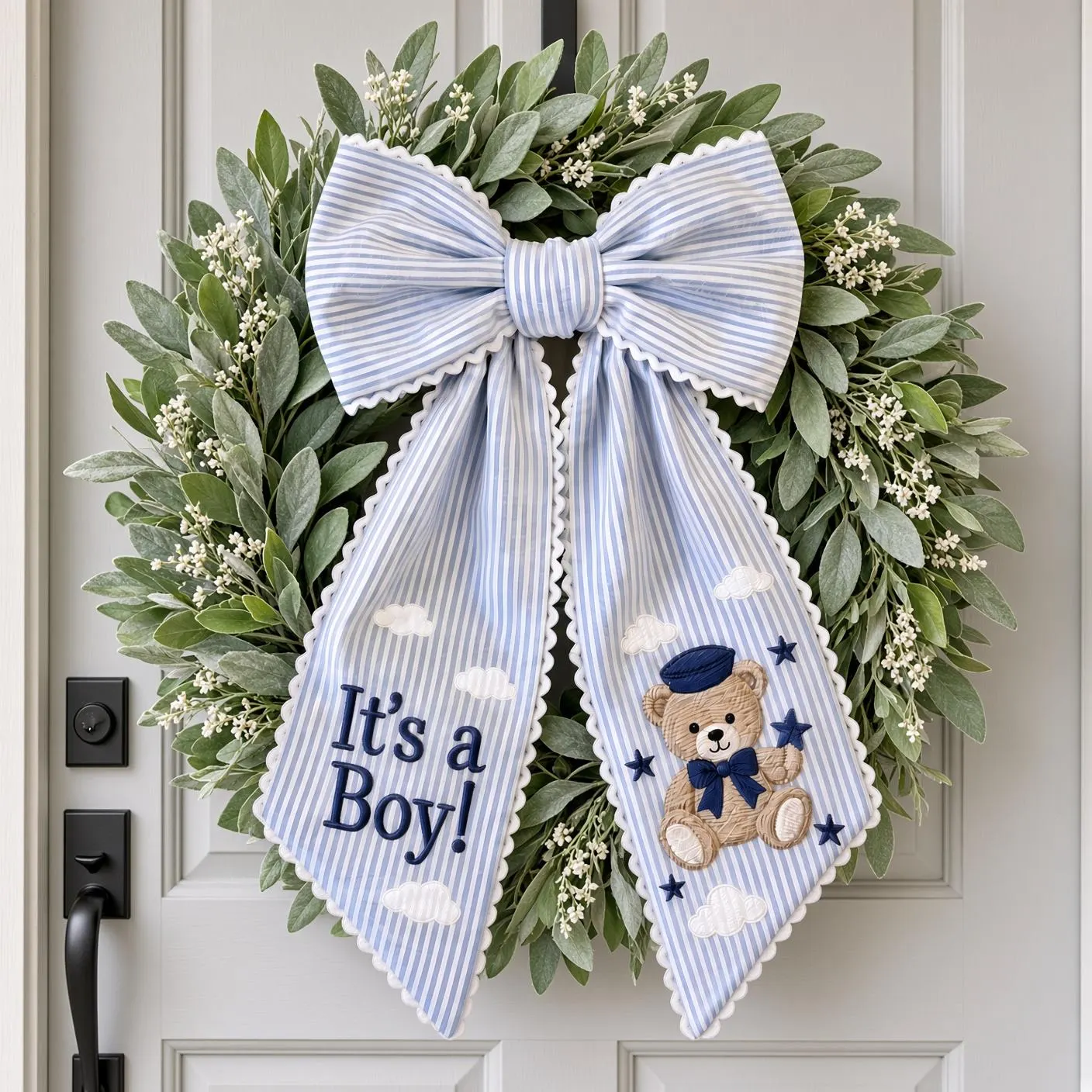Baby Boy Wreath Bow, It's a Boy Teddy Bear Wreath Sash, Blue Striped Baby Shower Door Decor, Nursery Door Hanger - image 4