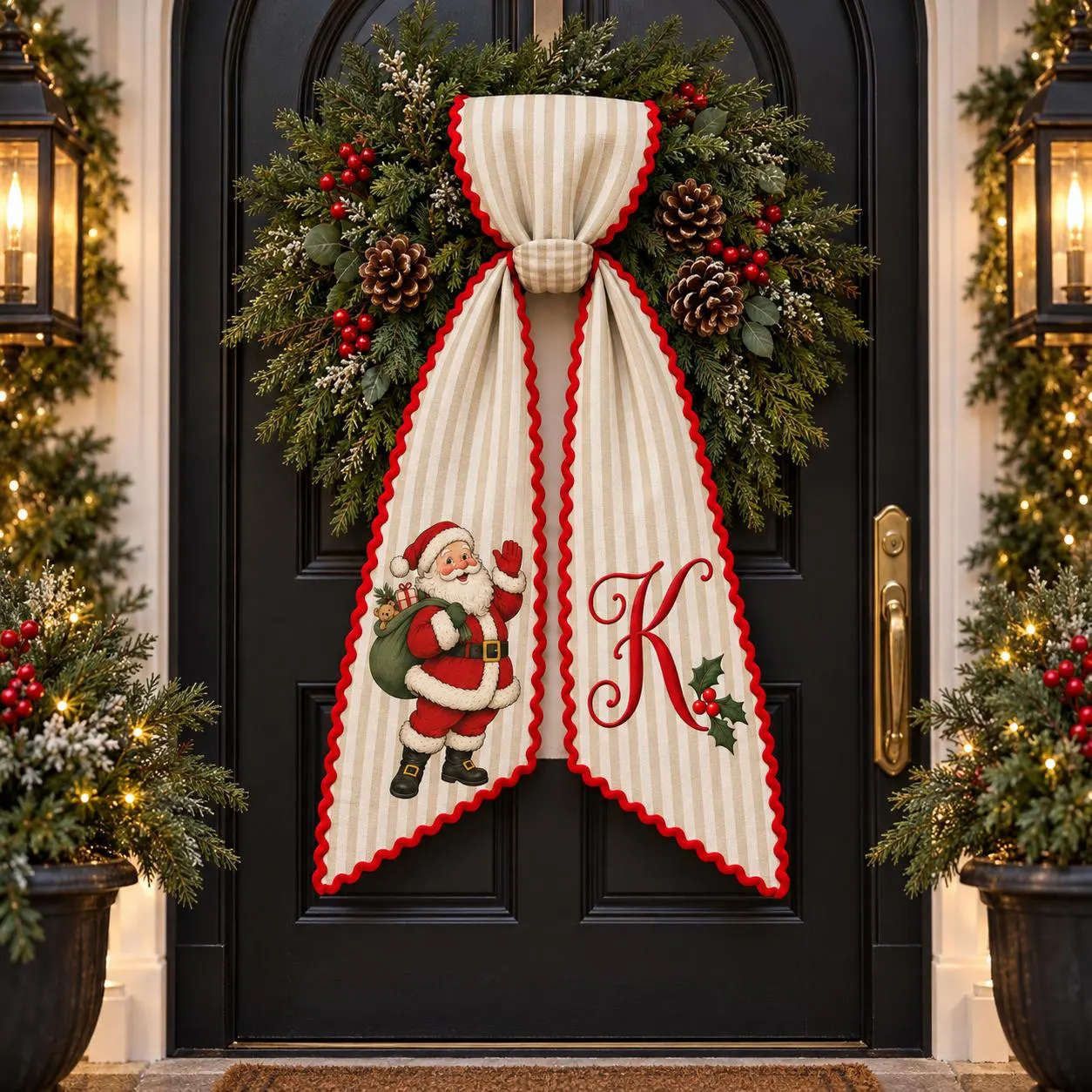 Personalized Santa Christmas Wreath Sash, Embroidered Monogram Holiday Bow, Custom Initial Front Door Decor, Christmas Gift