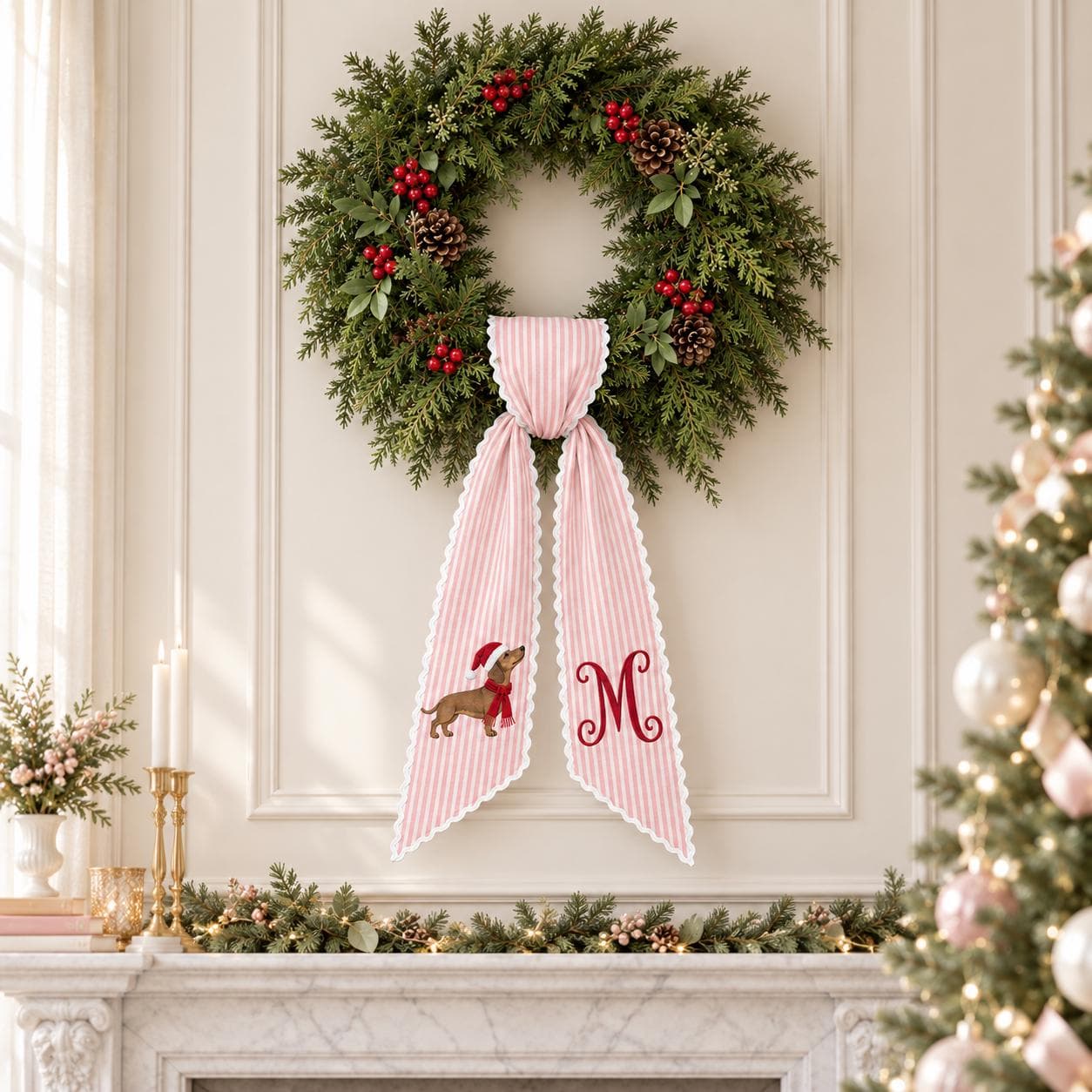 Dachshund Christmas Wreath Sash, Personalized Dog Monogram Bow, Embroidered Holiday Wreath Decor, Custom Initial Front Door Gift - image 5