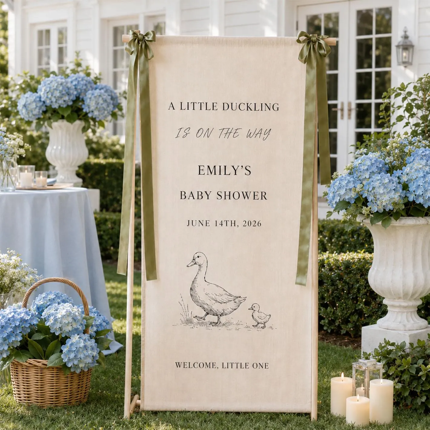 Little Duckling Baby Shower Banner, Personalized Baby Name Sign, Vintage Duck Fabric Welcome Decor, Sage Green Party Backdrop - image 5