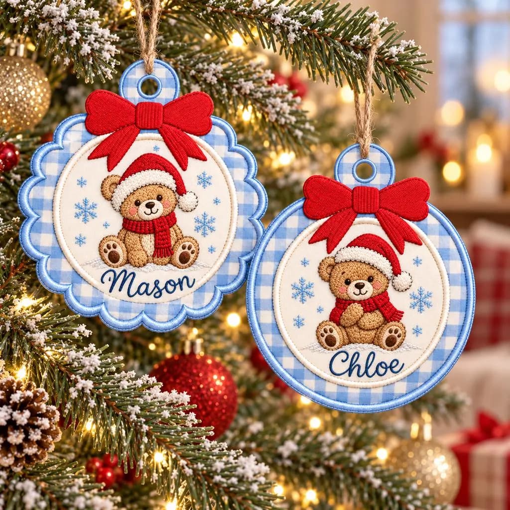 Personalized Teddy Bear Embroidered Christmas Ornament, Custom Name Gingham Fabric Ornament, Scalloped Christmas Tree Decor