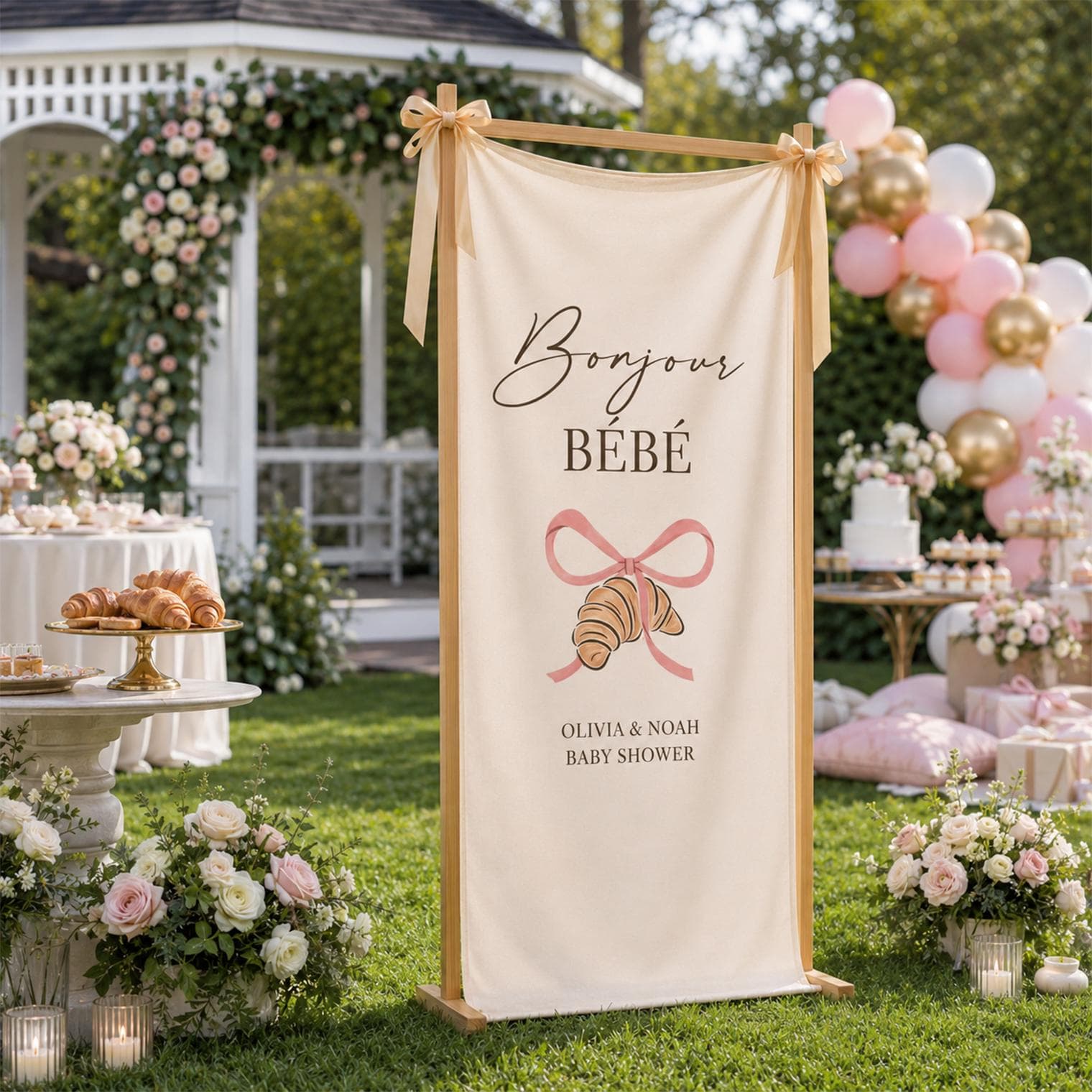 Bonjour Bebe Baby Shower Banner, Personalized French Cafe Welcome Sign, Croissant Parisian Shower Decor - image 3