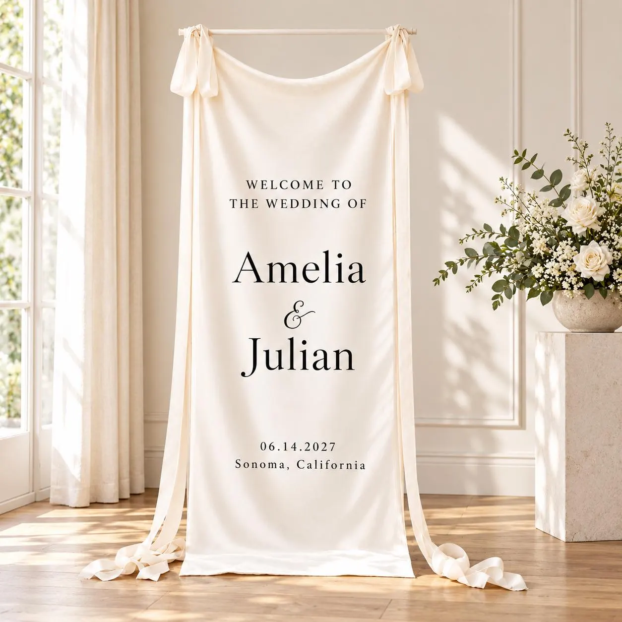Personalized Wedding Welcome Banner, Minimalist Printed Fabric Wedding Sign, Custom Couple Names and Date, Garden Ceremony Decor - image 3