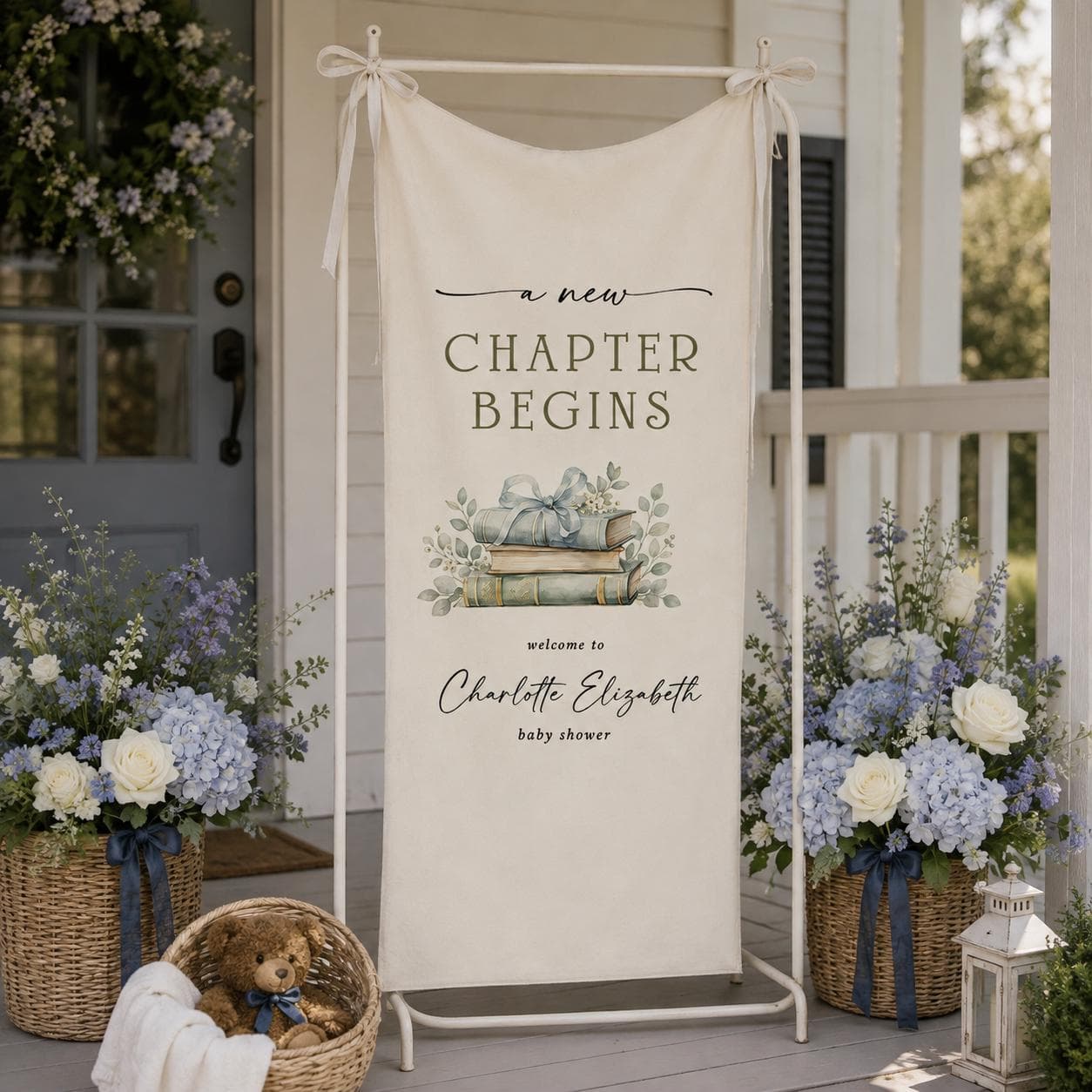 Personalized Baby Shower Banner, A New Chapter Begins Storybook Sign, Custom Name Fabric Welcome Backdrop - image 5