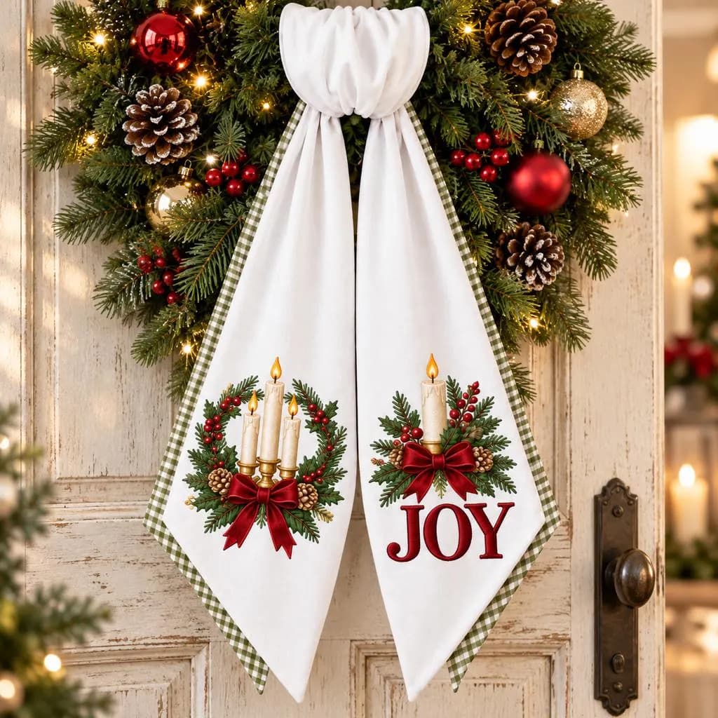 Christmas Joy Wreath Sash, Traditional Christmas Candle Bow, Green Gingham Holiday Door Decor, Farmhouse Christmas Wreath Ribbon - image 3