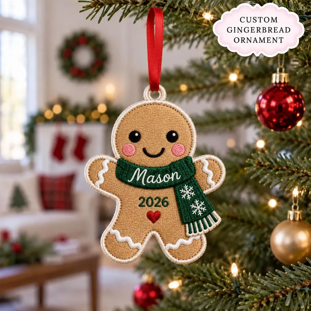 Personalized Gingerbread Man Embroidered Christmas Ornament, Custom Name Fabric Gingerbread Decoration, Christmas Keepsake 2026