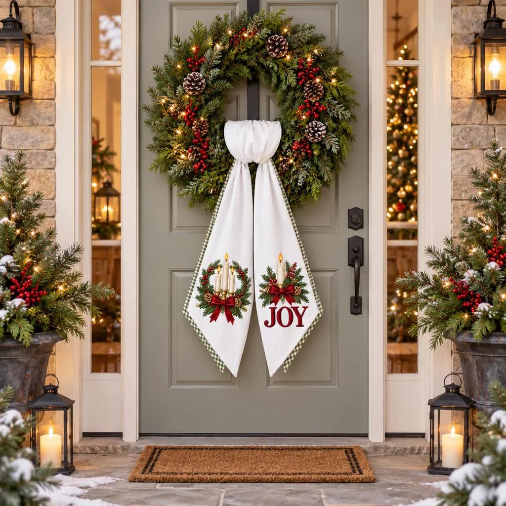Christmas Joy Wreath Sash, Traditional Christmas Candle Bow, Green Gingham Holiday Door Decor, Farmhouse Christmas Wreath Ribbon - image 5