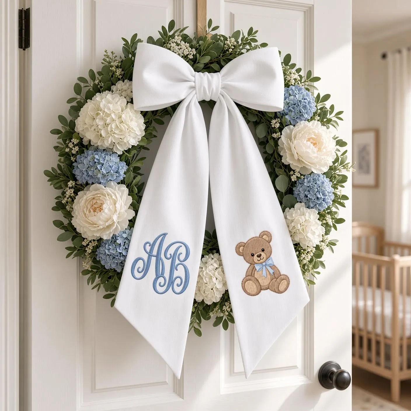 Personalized Baby Boy Wreath Sash, Teddy Bear Monogram Door Bow, Custom Initial Blue Nursery Decor