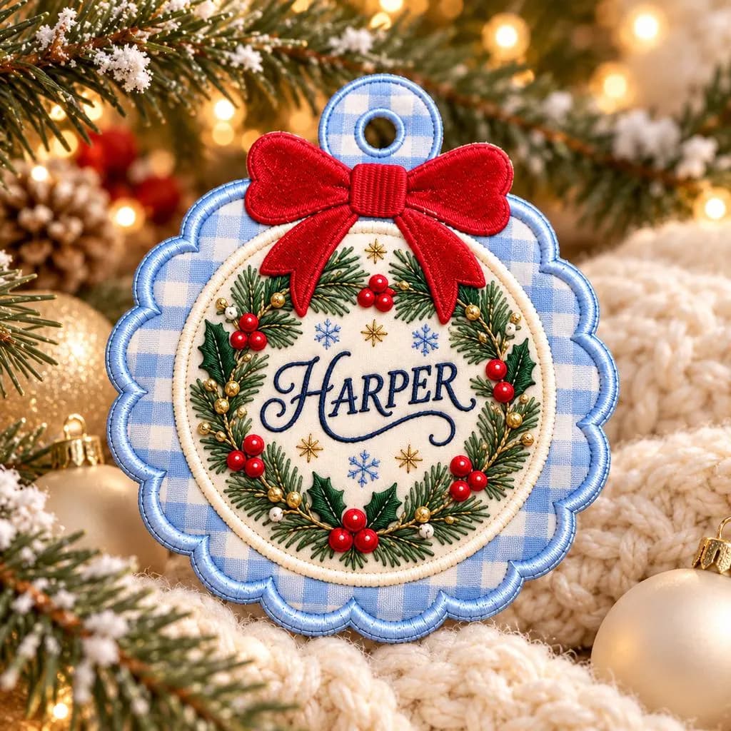 Personalized Christmas Wreath Embroidered Ornament, Custom Family Name Fabric Ornament, Blue Gingham Scalloped Christmas Tree Decor - image 5