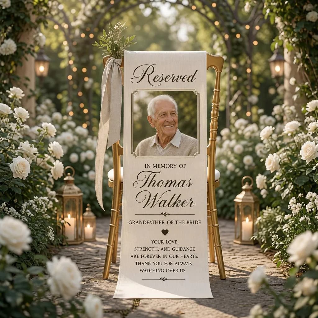 Wedding Memorial Chair Sign, Personalized Reserved Seat Banner, Custom Photo In Memory Wedding Ceremony Decor