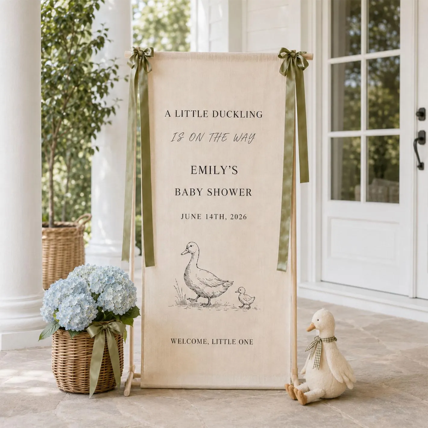 Little Duckling Baby Shower Banner, Personalized Baby Name Sign, Vintage Duck Fabric Welcome Decor, Sage Green Party Backdrop