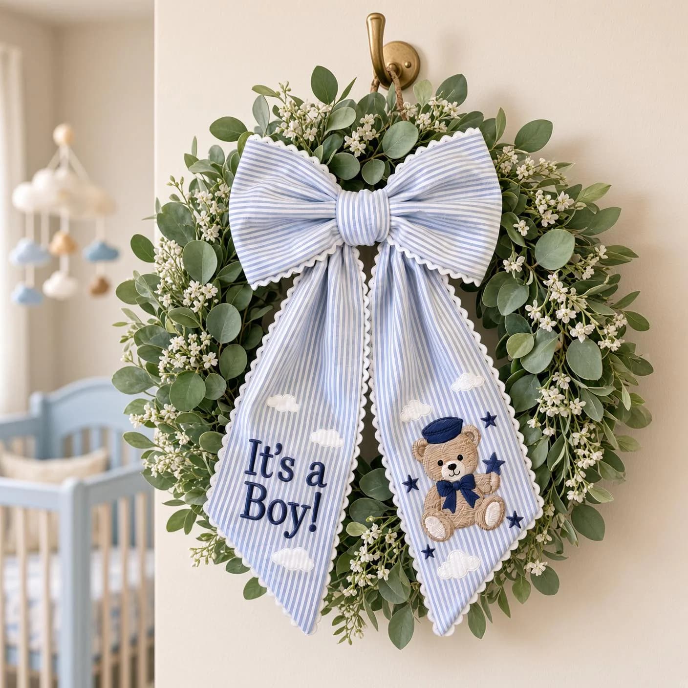 Baby Boy Wreath Bow, It's a Boy Teddy Bear Wreath Sash, Blue Striped Baby Shower Door Decor, Nursery Door Hanger