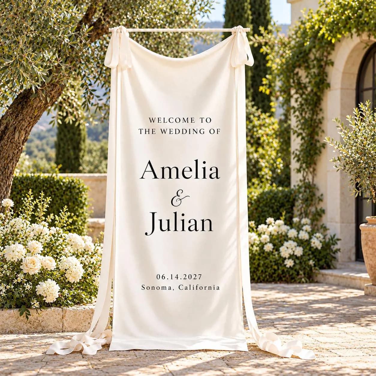 Personalized Wedding Welcome Banner, Minimalist Printed Fabric Wedding Sign, Custom Couple Names and Date, Garden Ceremony Decor