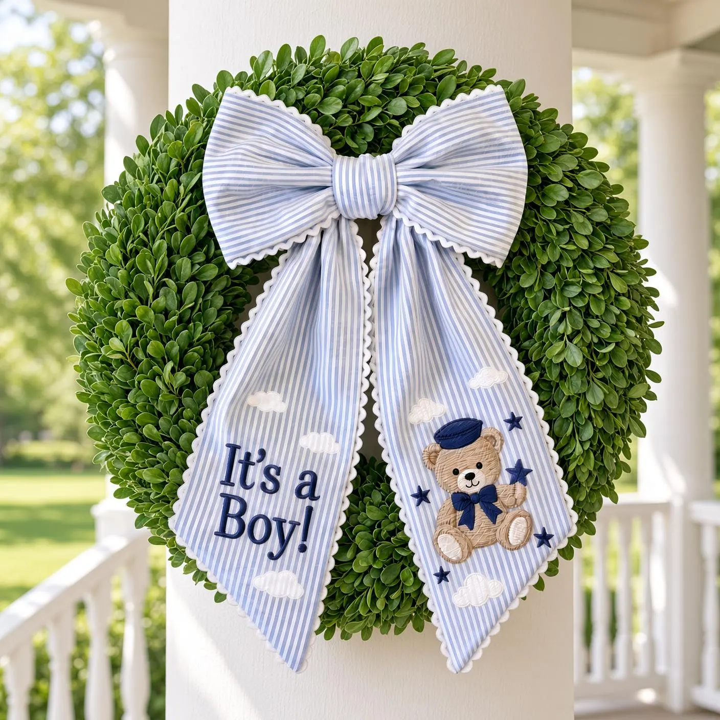 Baby Boy Wreath Bow, It's a Boy Teddy Bear Wreath Sash, Blue Striped Baby Shower Door Decor, Nursery Door Hanger - image 3