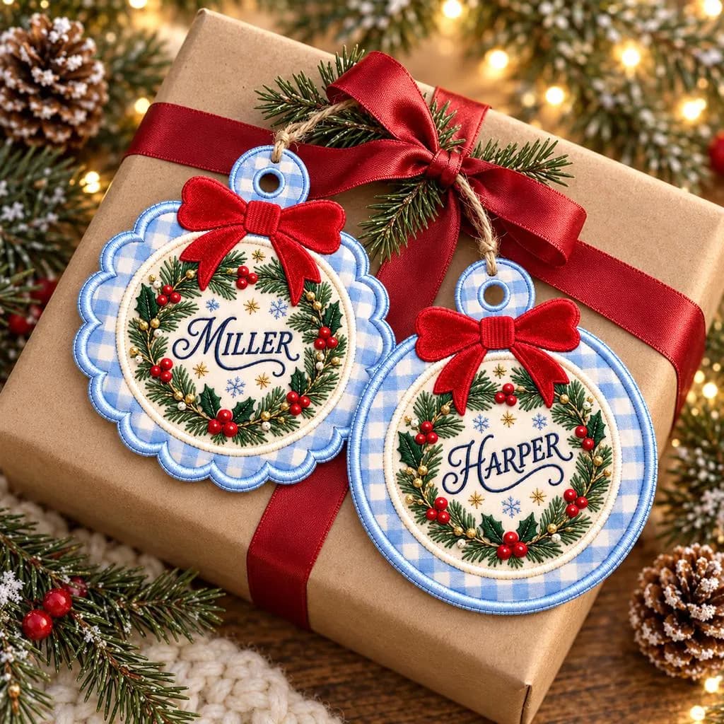 Personalized Christmas Wreath Embroidered Ornament, Custom Family Name Fabric Ornament, Blue Gingham Scalloped Christmas Tree Decor