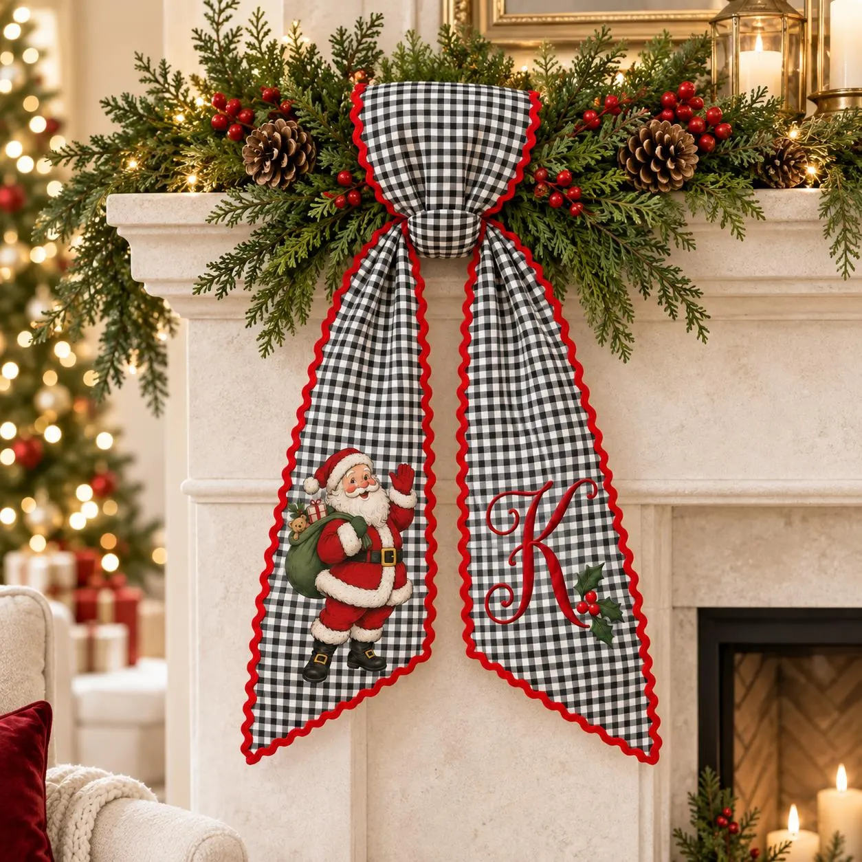 Personalized Santa Christmas Wreath Sash, Embroidered Monogram Holiday Bow, Custom Initial Front Door Decor, Christmas Gift - image 5