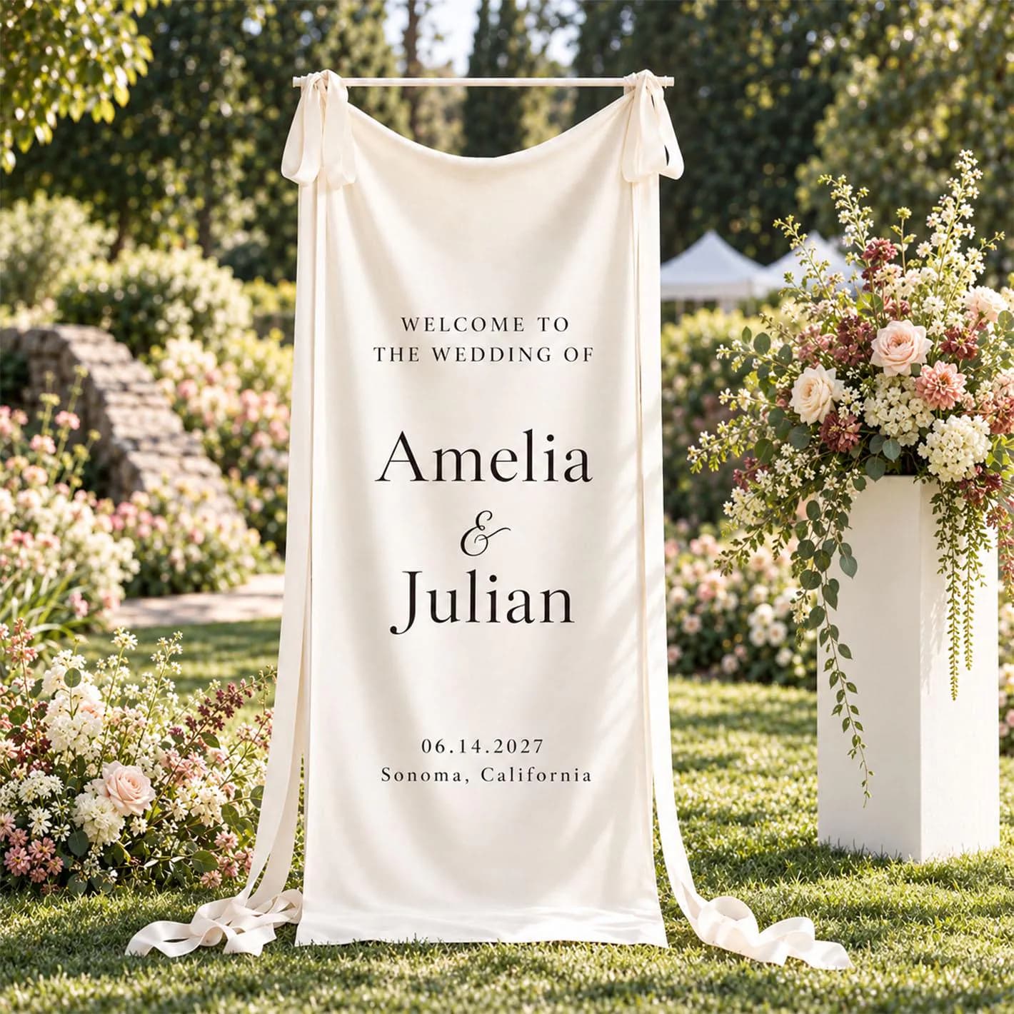 Personalized Wedding Welcome Banner, Minimalist Printed Fabric Wedding Sign, Custom Couple Names and Date, Garden Ceremony Decor - image 4