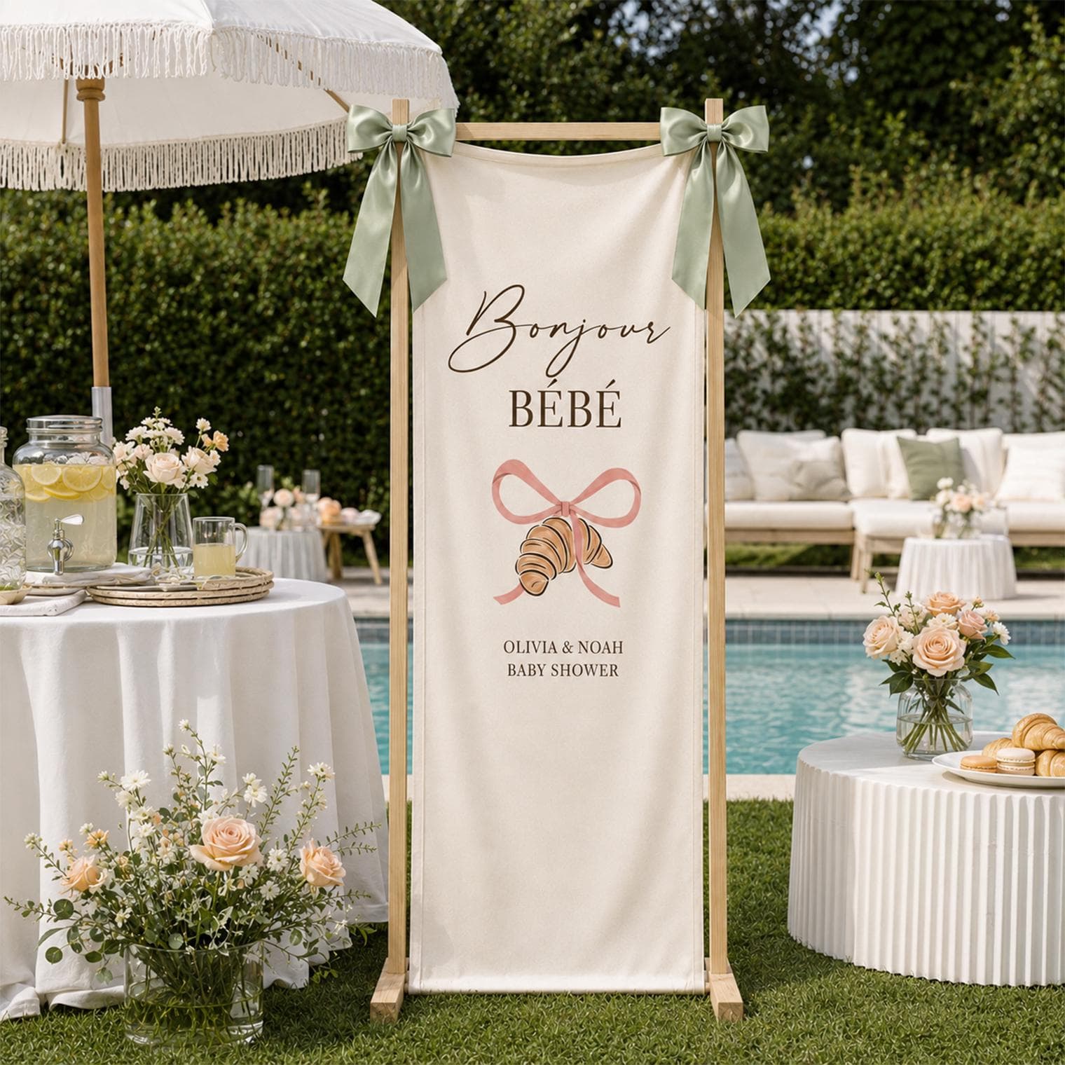 Bonjour Bebe Baby Shower Banner, Personalized French Cafe Welcome Sign, Croissant Parisian Shower Decor - image 4