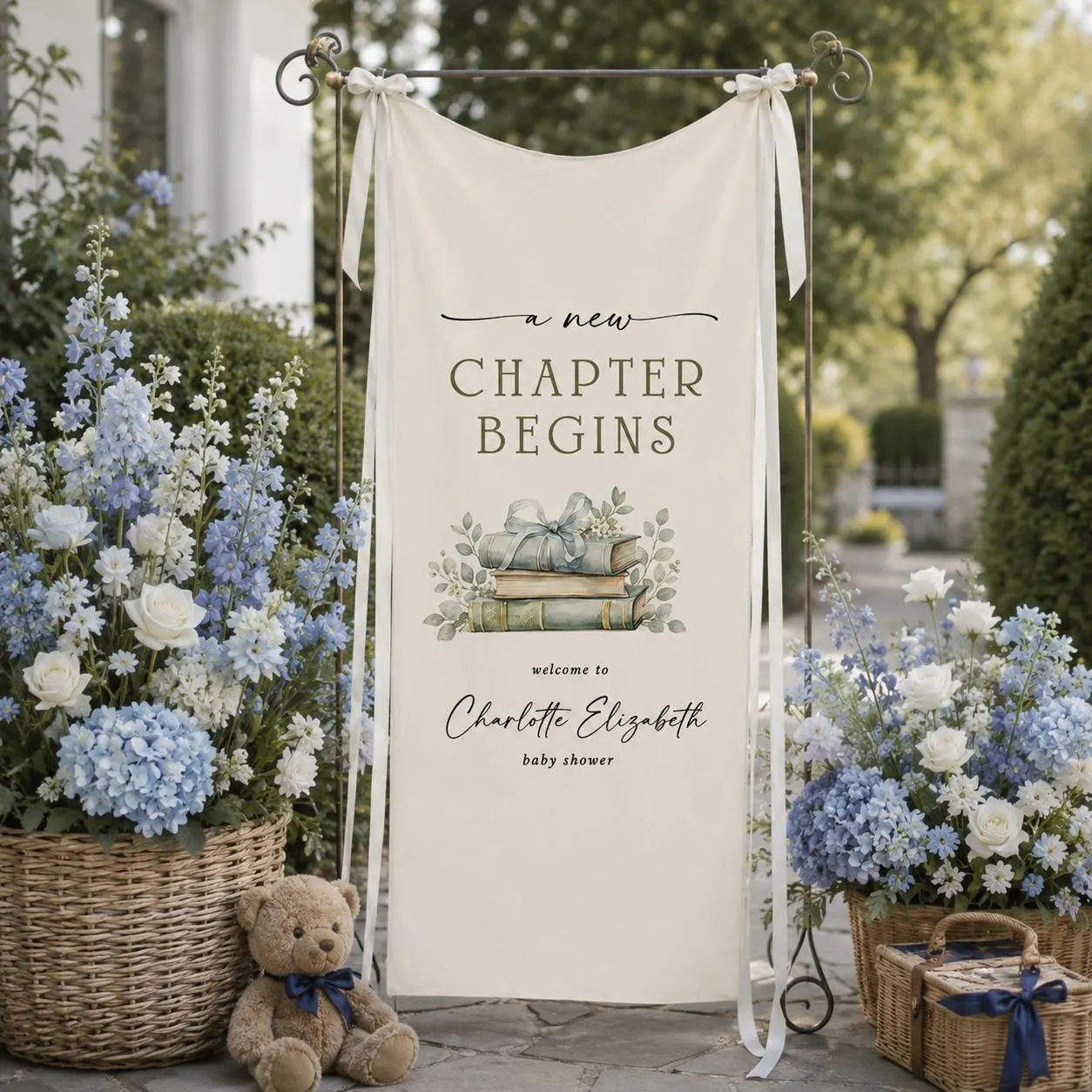 Personalized Baby Shower Banner, A New Chapter Begins Storybook Sign, Custom Name Fabric Welcome Backdrop - image 3