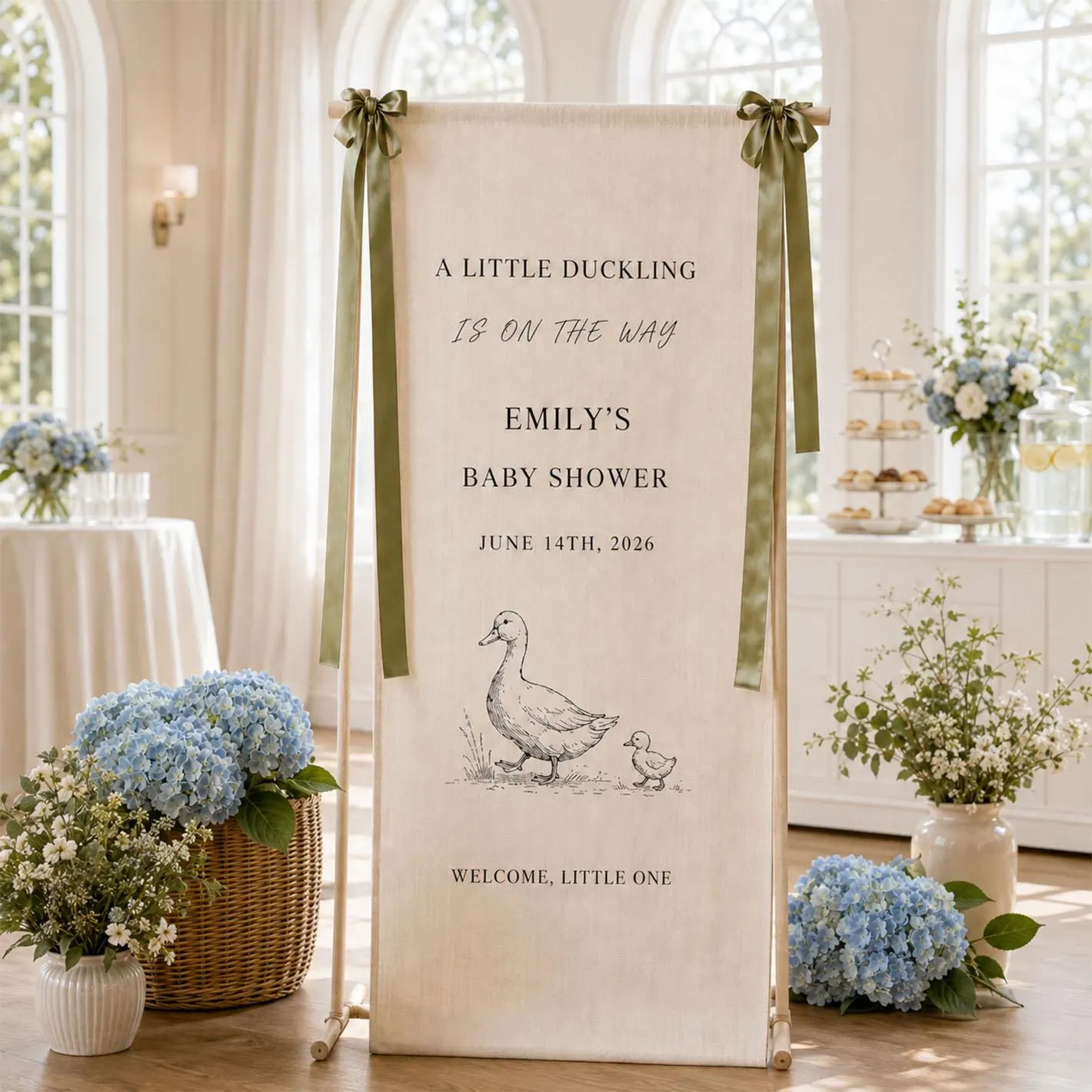 Little Duckling Baby Shower Banner, Personalized Baby Name Sign, Vintage Duck Fabric Welcome Decor, Sage Green Party Backdrop - image 4