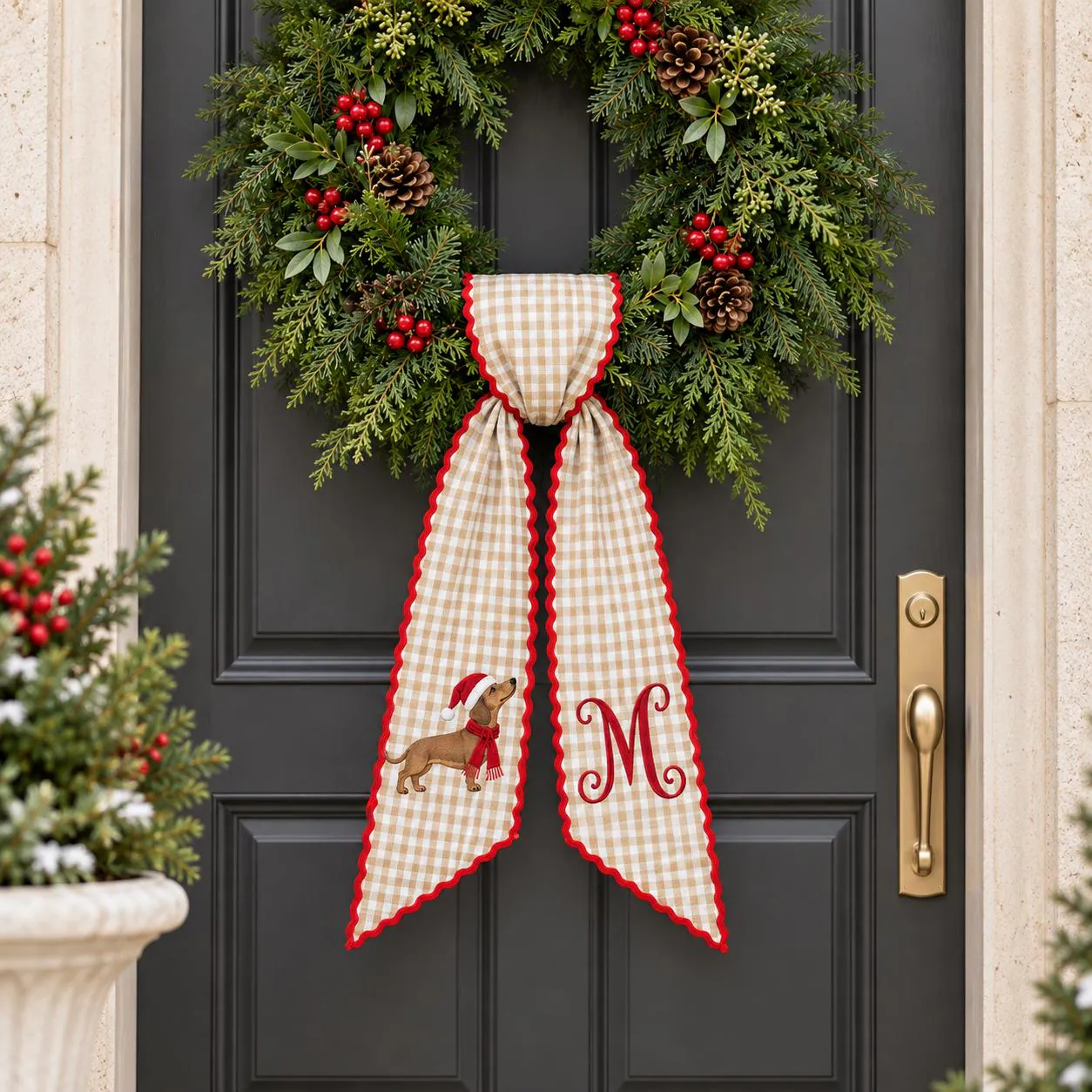 Dachshund Christmas Wreath Sash, Personalized Dog Monogram Bow, Embroidered Holiday Wreath Decor, Custom Initial Front Door Gift