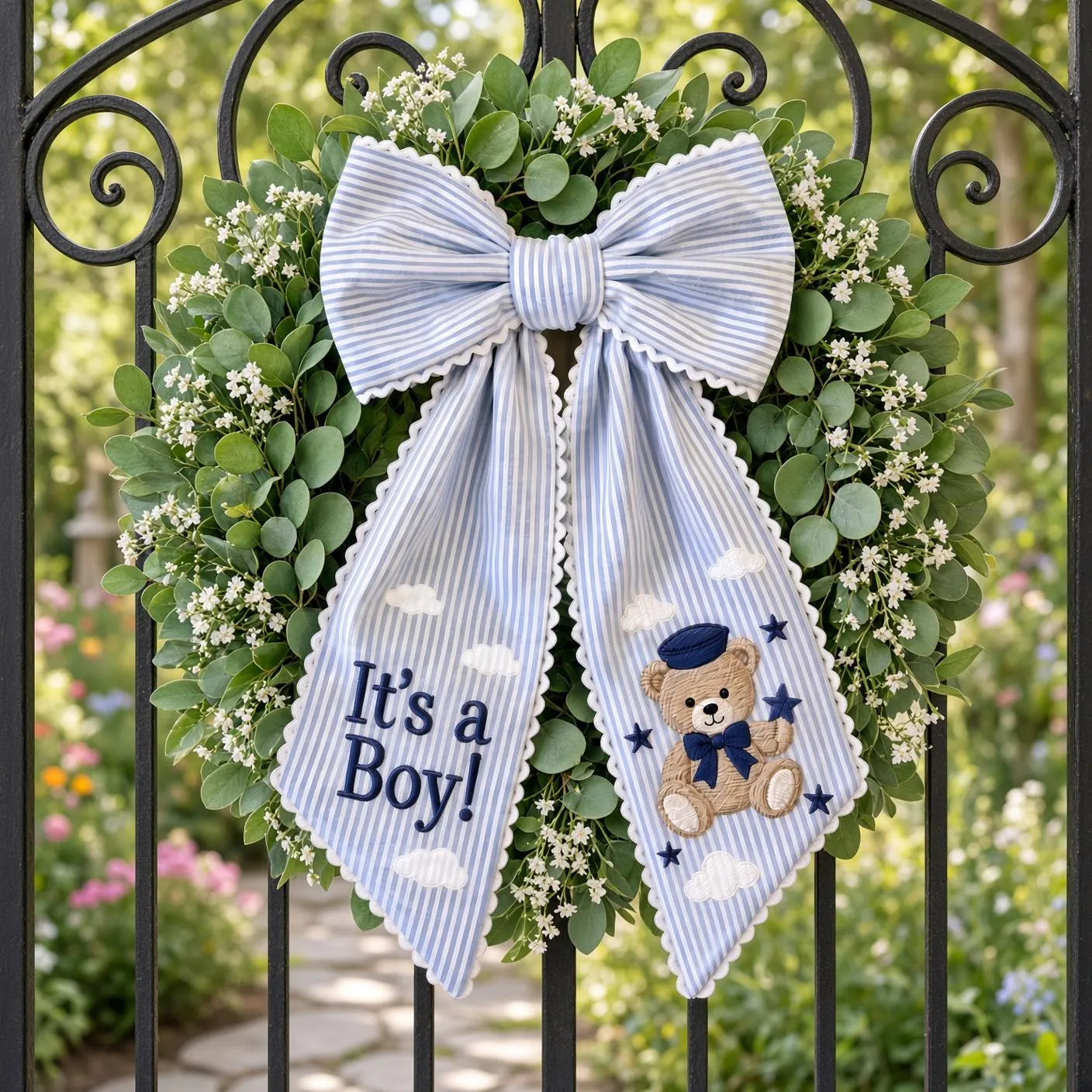 Baby Boy Wreath Bow, It's a Boy Teddy Bear Wreath Sash, Blue Striped Baby Shower Door Decor, Nursery Door Hanger - image 5