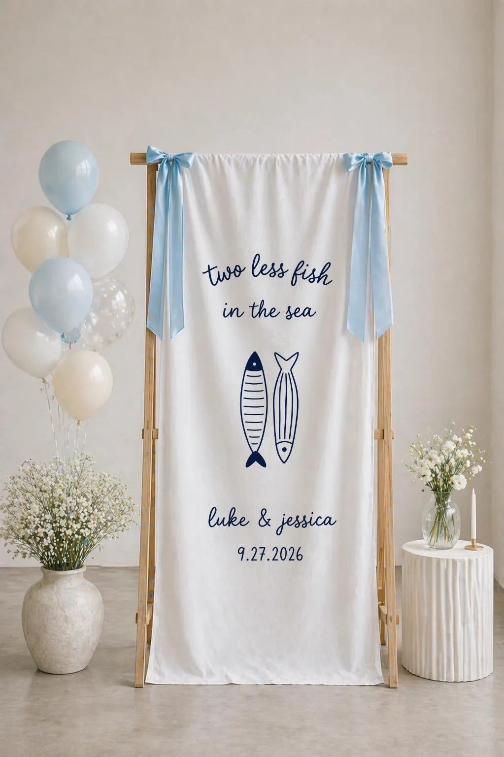 Two Less Fish in the Sea Bridal Shower Welcome Sign Banner Personalized Linen Bridal Banner Beach Bachelorette Backdrop Bride To Be Decor