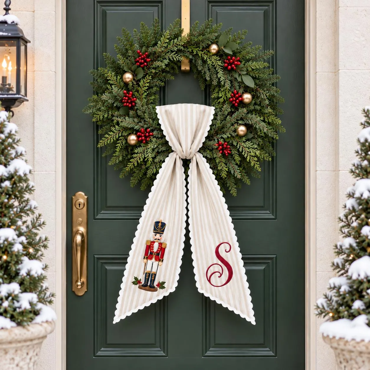 Personalized Nutcracker Wreath Sash, Christmas Monogram Wreath Bow, Custom Initial Holiday Front Door Decor, Christmas Wreath Accent