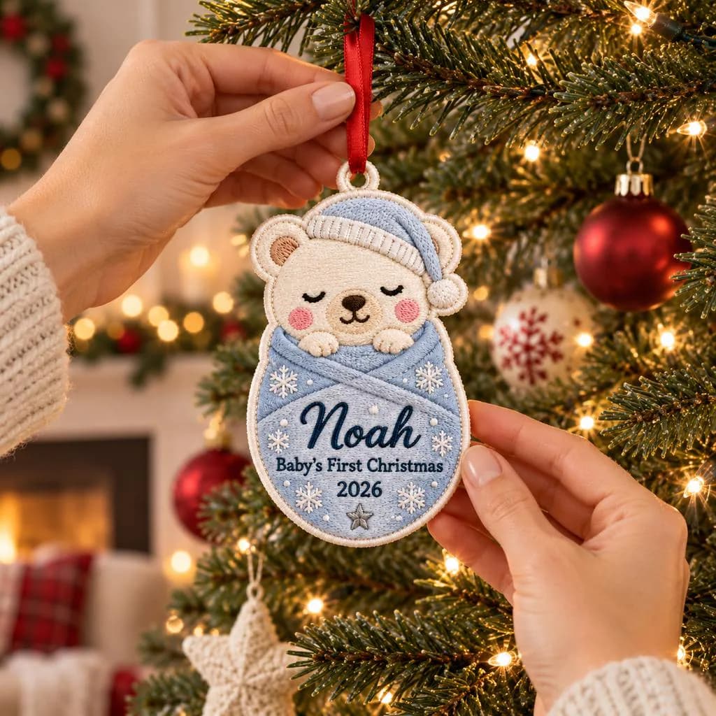 Personalized Baby's First Christmas Embroidered Ornament 2026, Custom Name Sleeping Bear Fabric Ornament, Newborn Christmas Keepsake - image 5