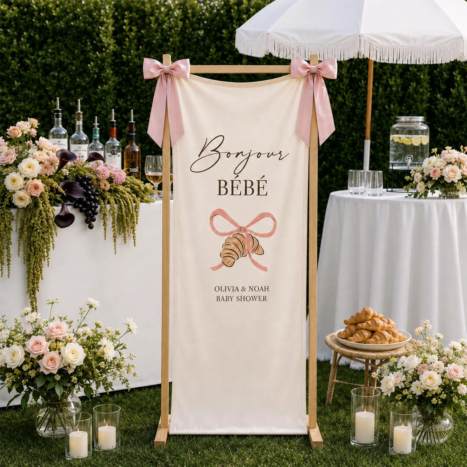 Bonjour Bebe Baby Shower Banner, Personalized French Cafe Welcome Sign, Croissant Parisian Shower Decor