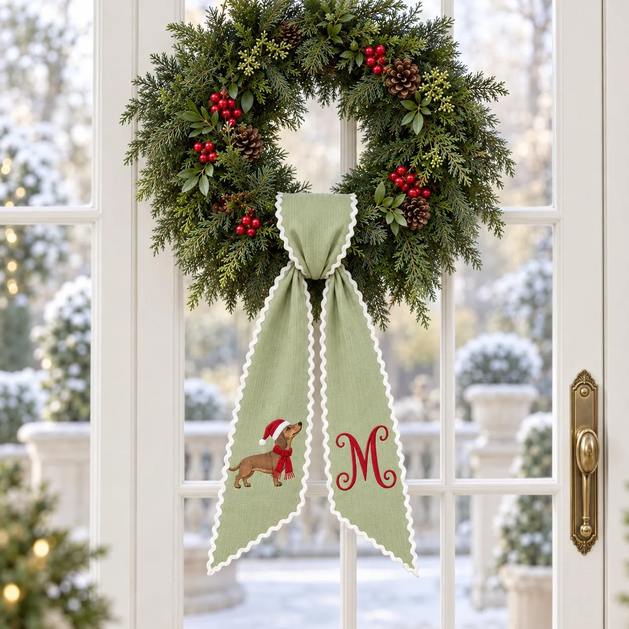Dachshund Christmas Wreath Sash, Personalized Dog Monogram Bow, Embroidered Holiday Wreath Decor, Custom Initial Front Door Gift - image 3