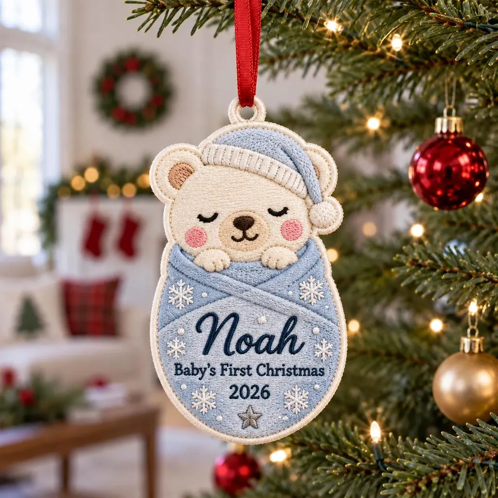 Personalized Baby's First Christmas Embroidered Ornament 2026, Custom Name Sleeping Bear Fabric Ornament, Newborn Christmas Keepsake