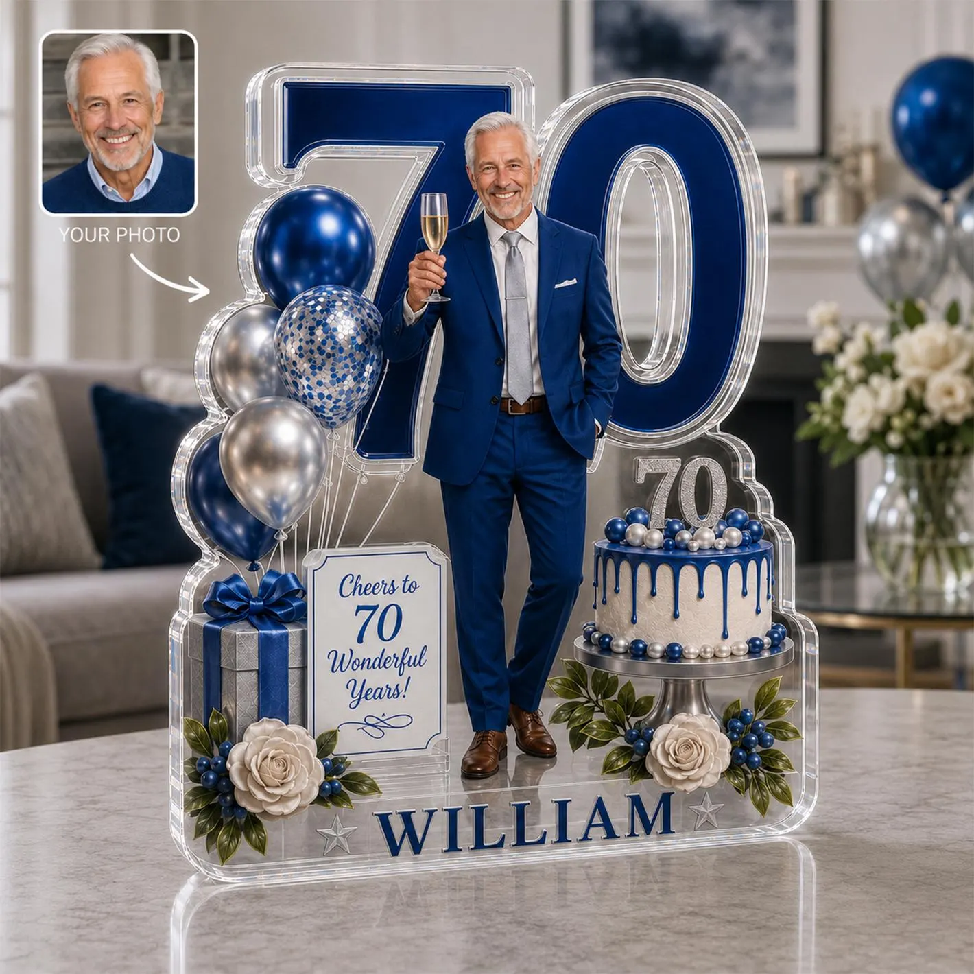 Personalized 70th Birthday Photo Acrylic Plaque, Custom Milestone Keepsake for Dad, Grandpa or Husband - image 3