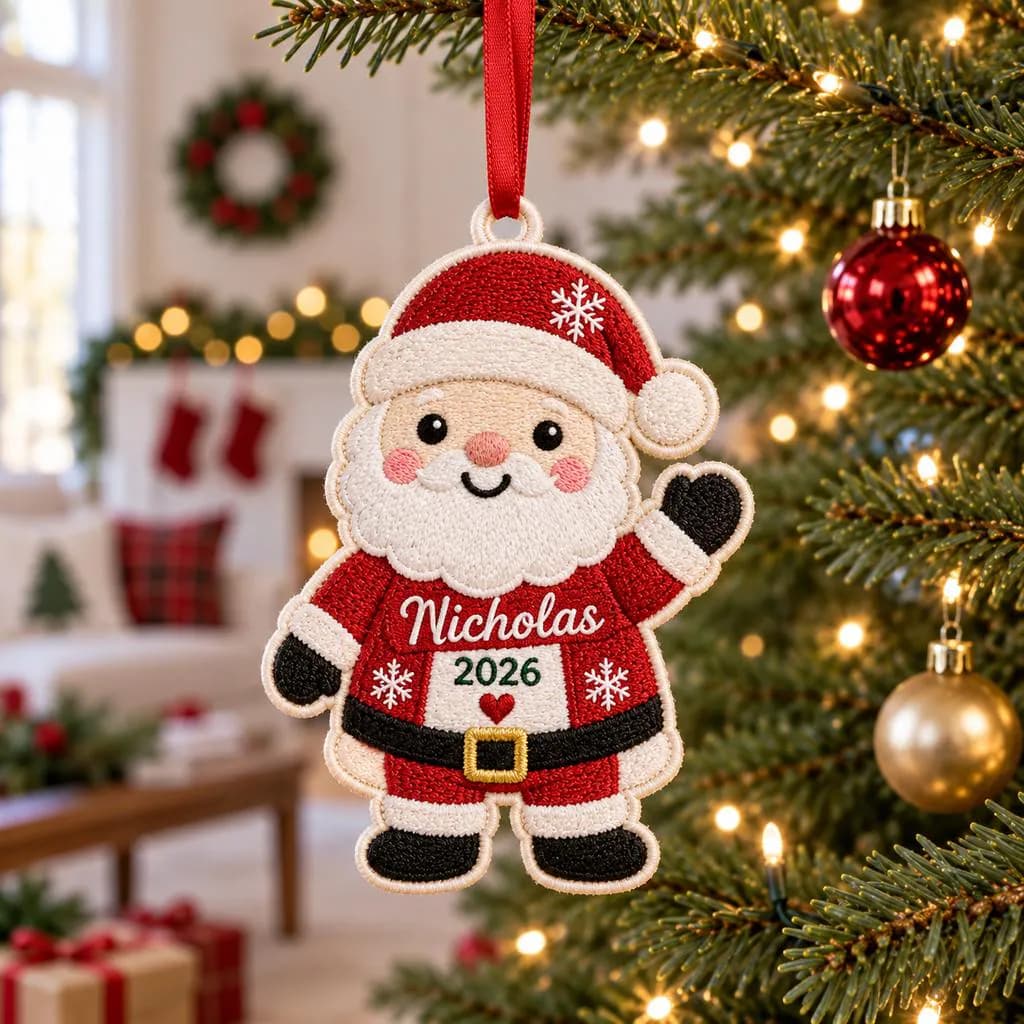 Personalized Santa Embroidered Christmas Ornament, Custom Name Santa Claus Fabric Ornament, Christmas Tree Keepsake 2026