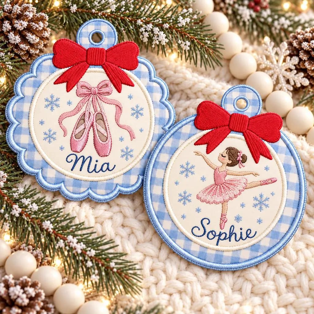 Personalized Ballerina Embroidered Christmas Ornament, Custom Name Ballet Dancer Fabric Ornament, Pink Ballet Slippers Gift