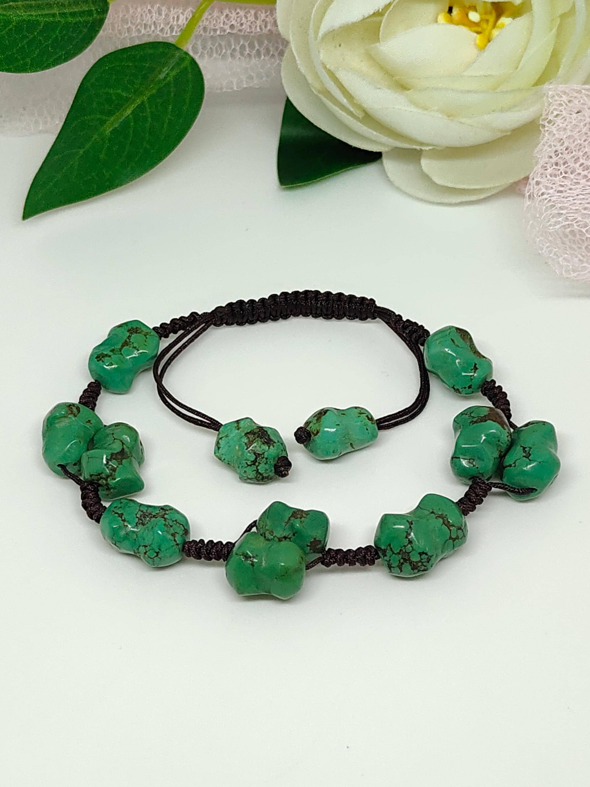 Turquoise Nugget Macrame Bracelet: Adjustable Gemstone Cord, Handmade