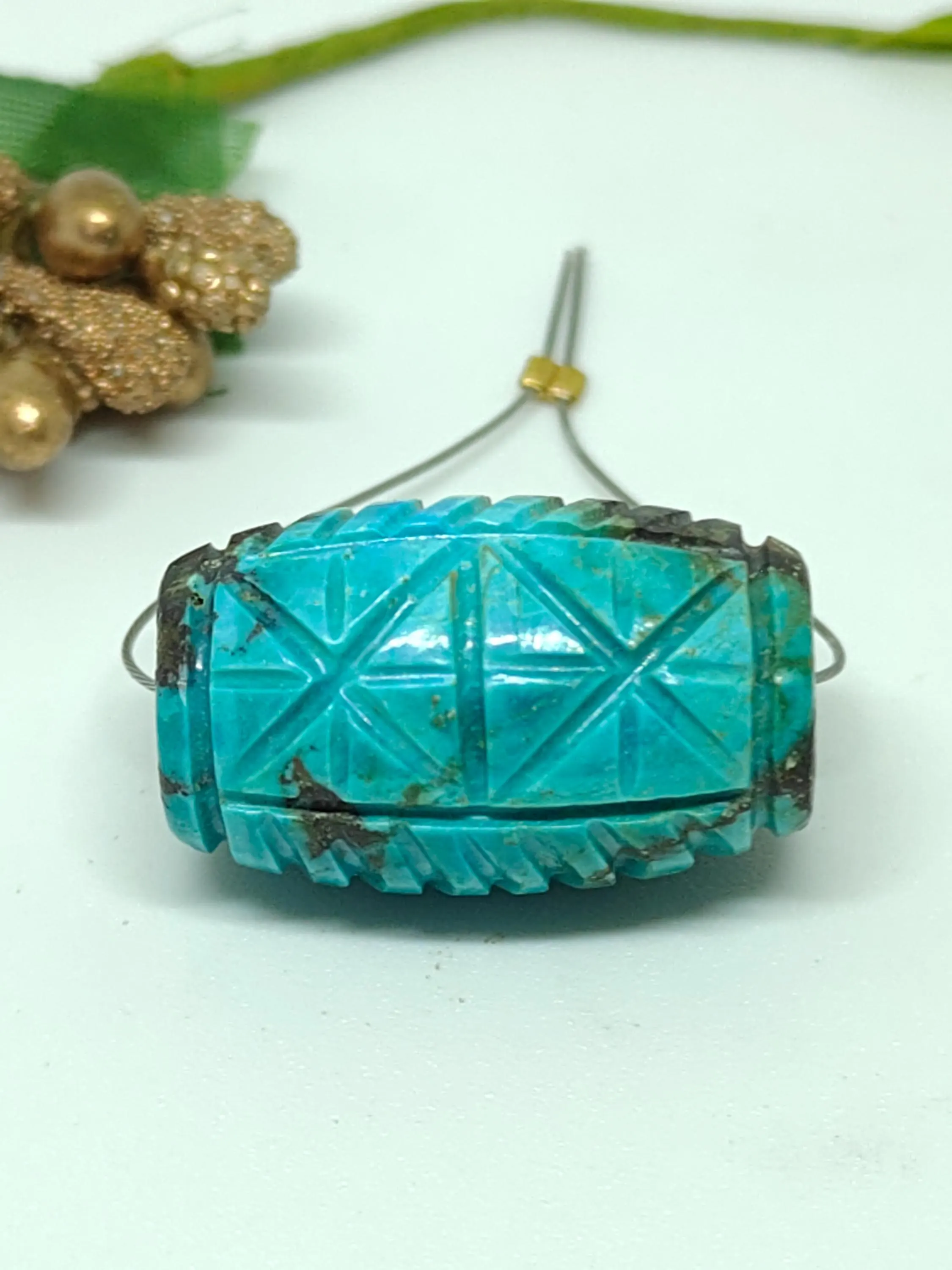Hand Carved Turquoise Barrel Beads- Blue With Natural Matrix, Unique Beads For Jewelry Making