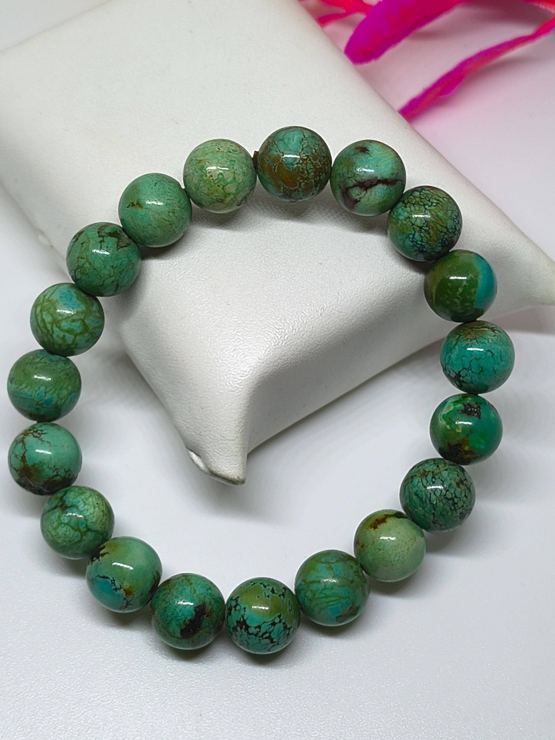 Tibetan Turquoise Bead Stretch Bracelet: Polished Gemstone Jewelry, 11mm