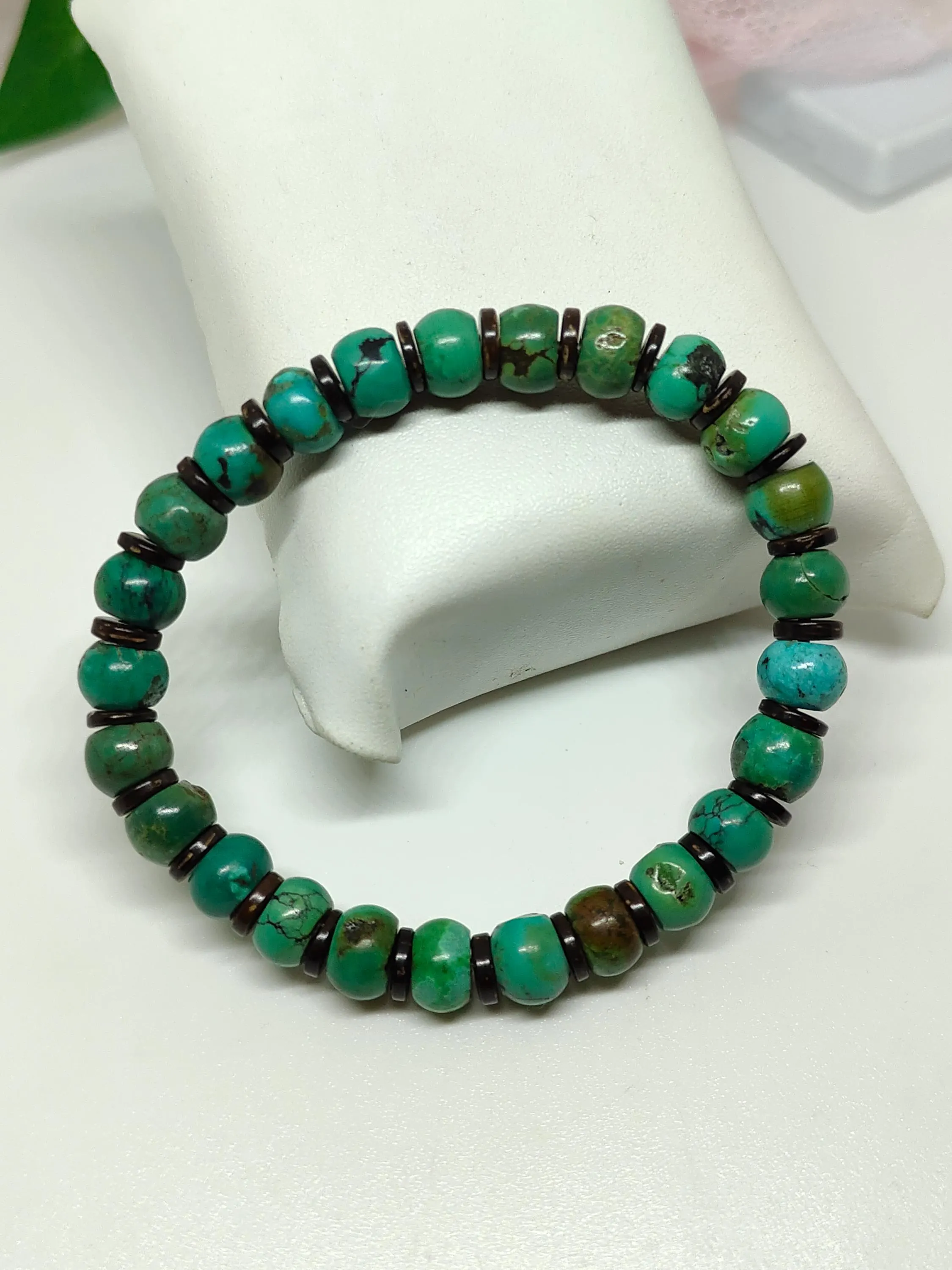 Natural Turquoise Stretch Bracelet: Tibetan Gemstone Rondelle Beads