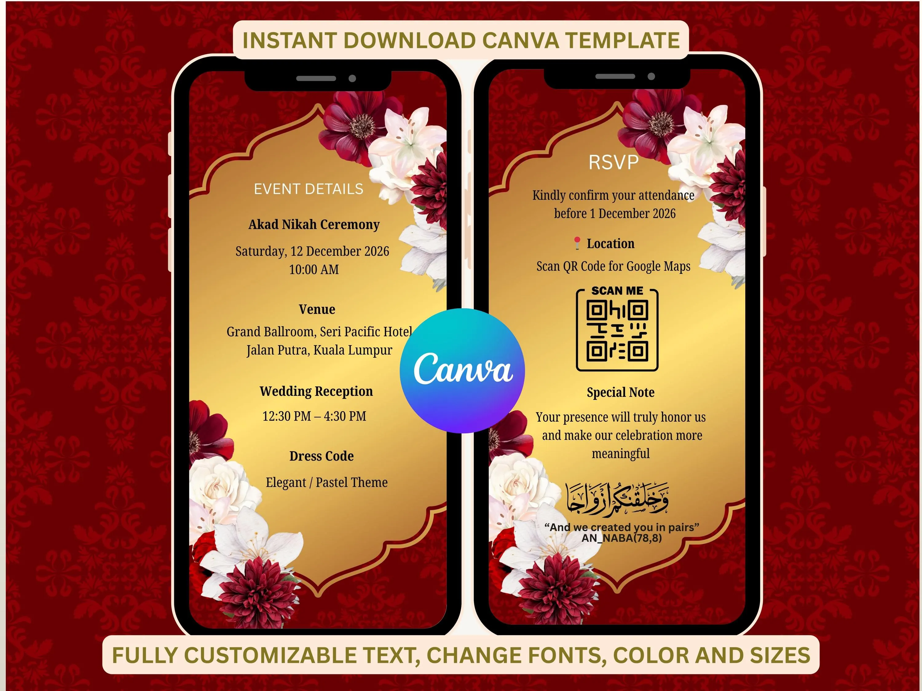 Editable Nikah Wedding Invitation Template, Islamic Canva Design (Digital Download) - image 3