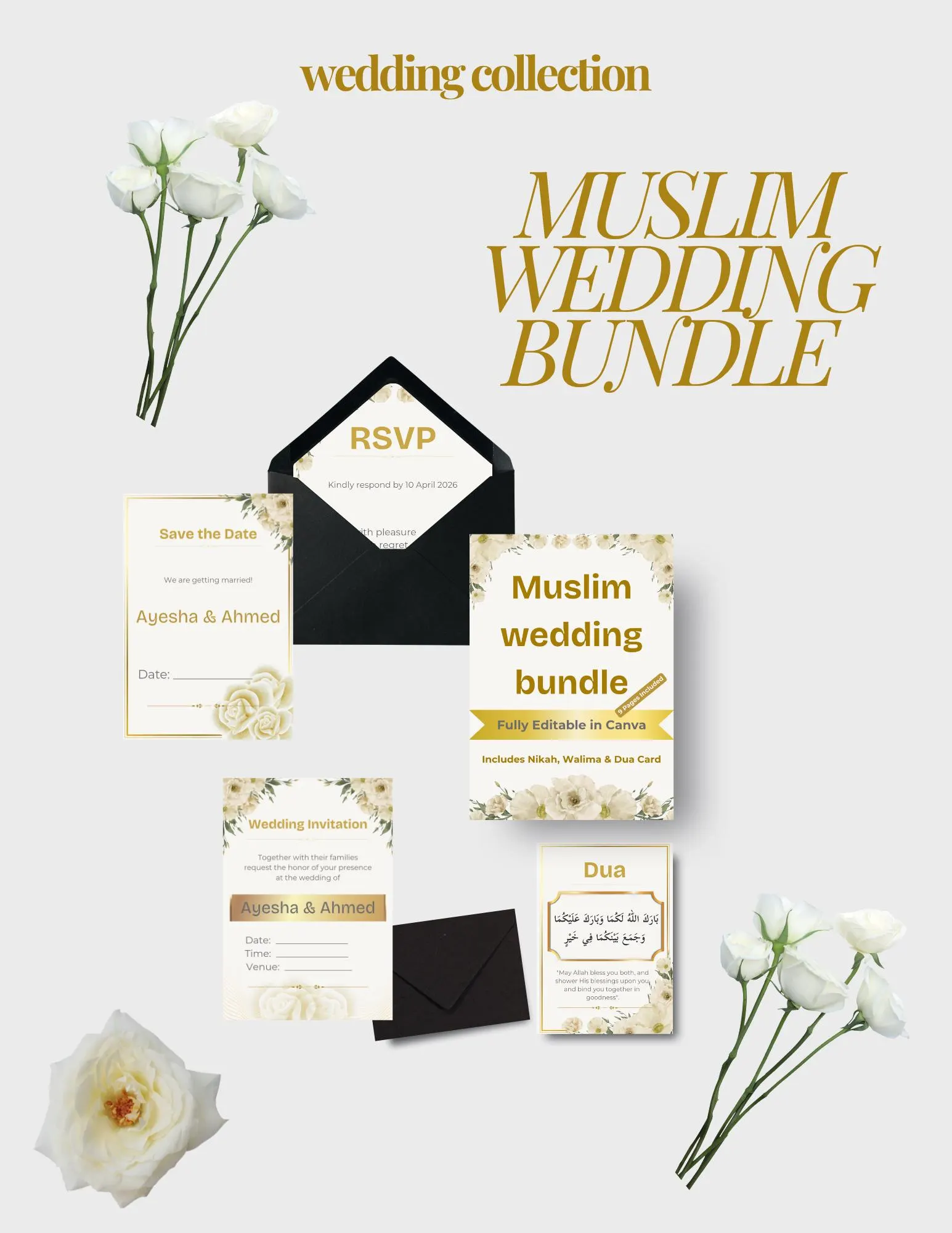 Muslim Wedding Invitation Bundle | White Gold Canva Template (Nikah, Walima, Dua Card)
