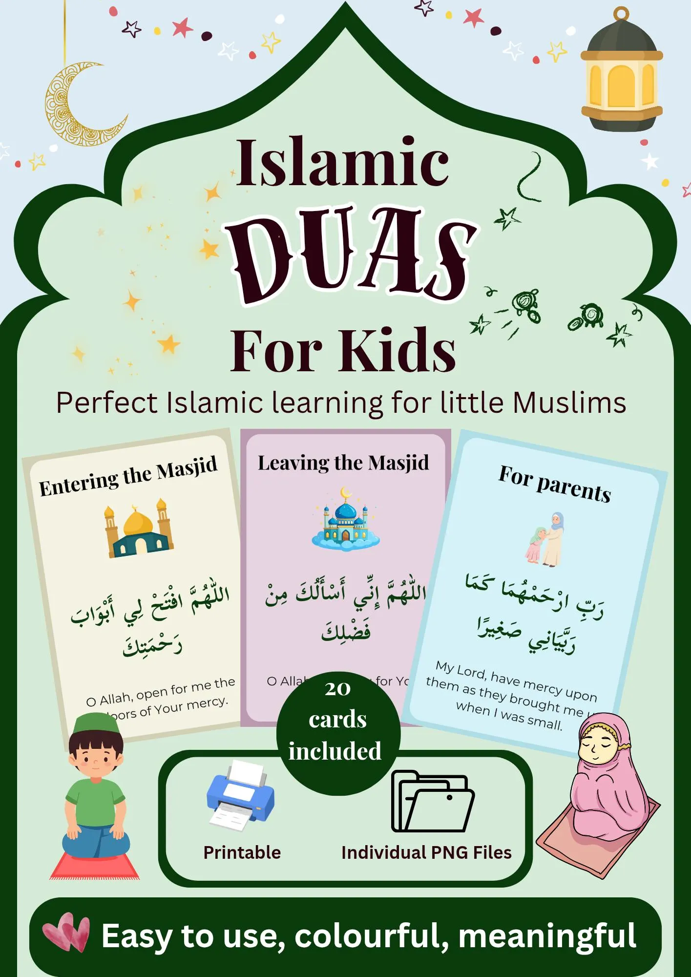 Islamic Duas for Kids Flash Cards | Arabic English Learning (20 Cards)