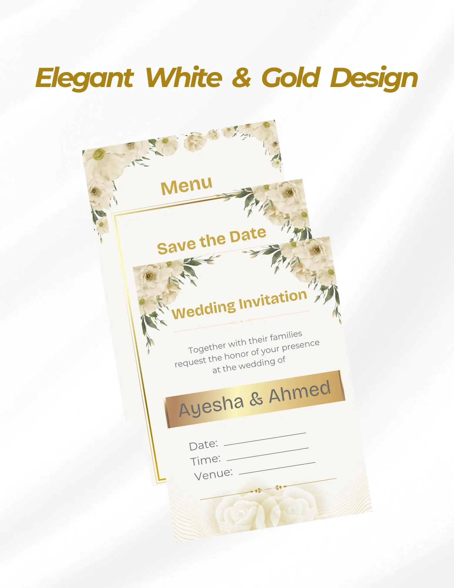 Muslim Wedding Invitation Bundle | White Gold Canva Template (Nikah, Walima, Dua Card) - image 5
