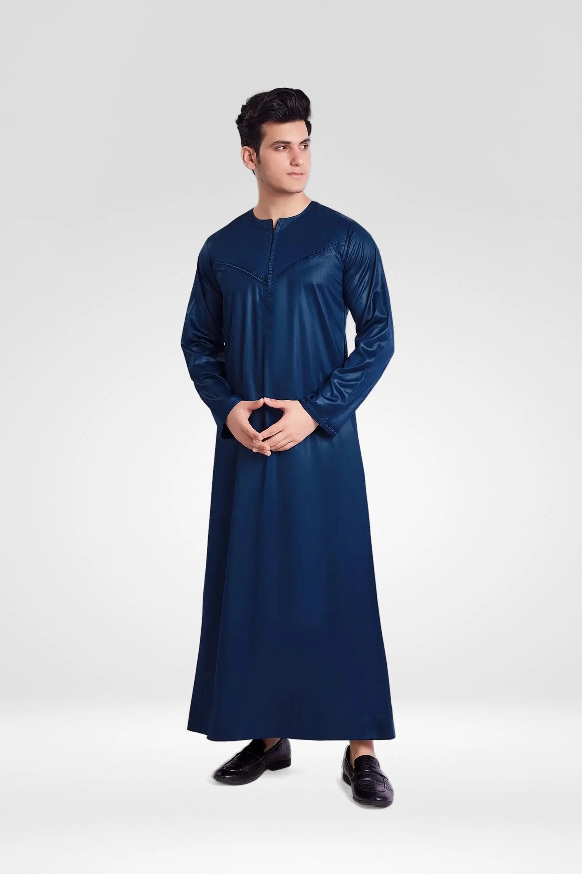 Premium Shiny Omani Thobe with Front Zip – Navy Blue  Luxurious & Elegant Men’s Jubba