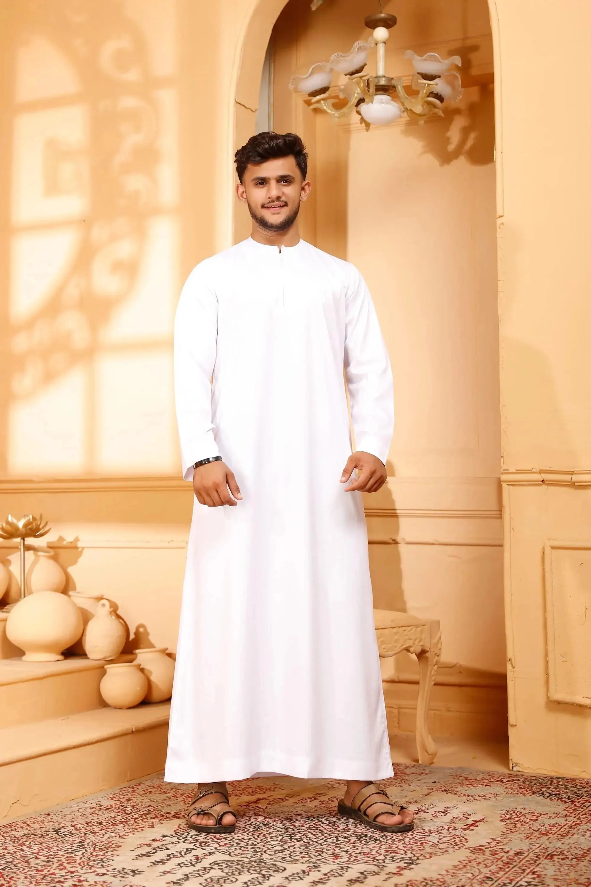 Matte White Omani Thobe Collarless With Zip – Classic Arabic Jubba for Men’s Islamic Wear & Daily Elegance